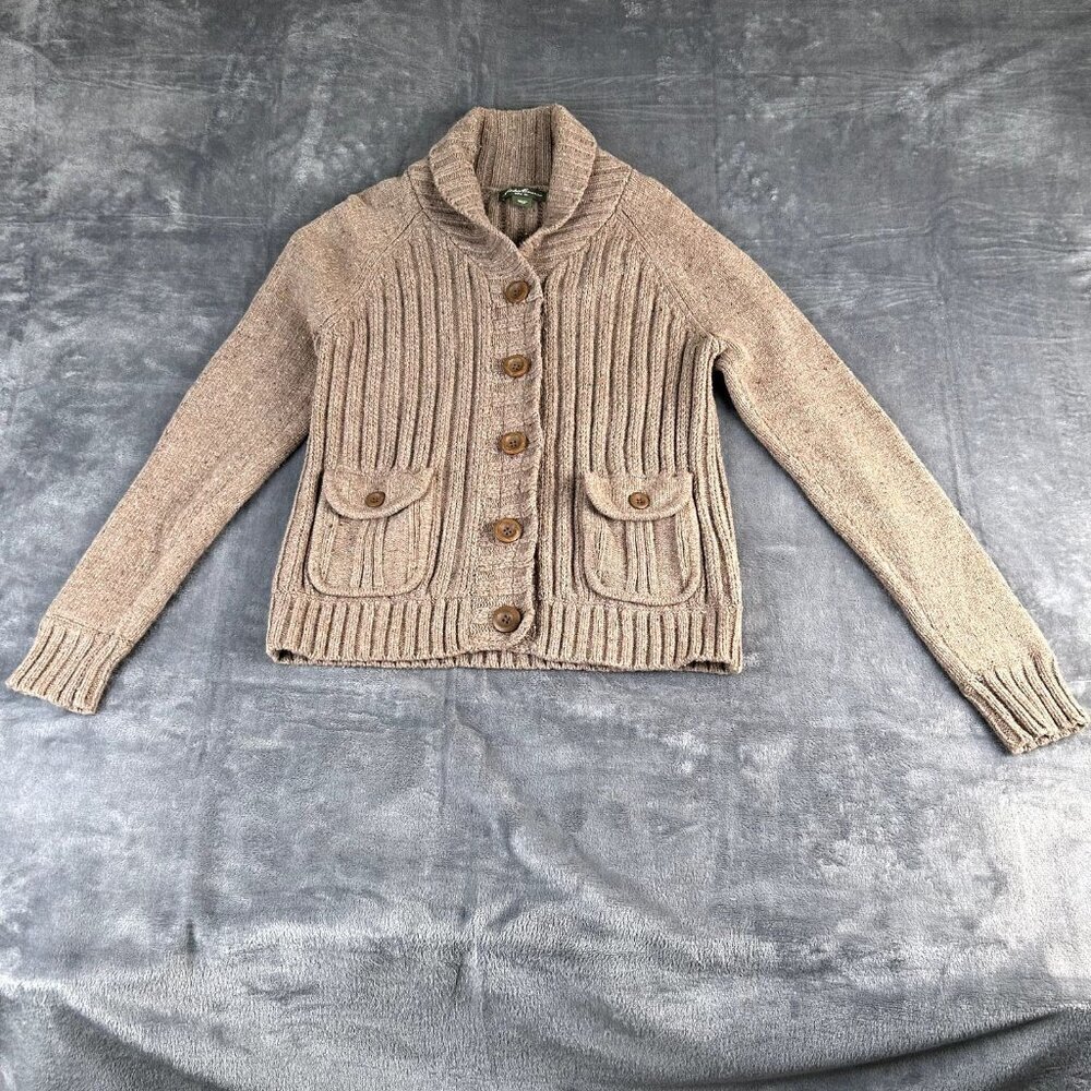 Eddie Bauer Angora Wool Cardigan Sweater Sz Large Cable Knit Chunky Shawl Neck